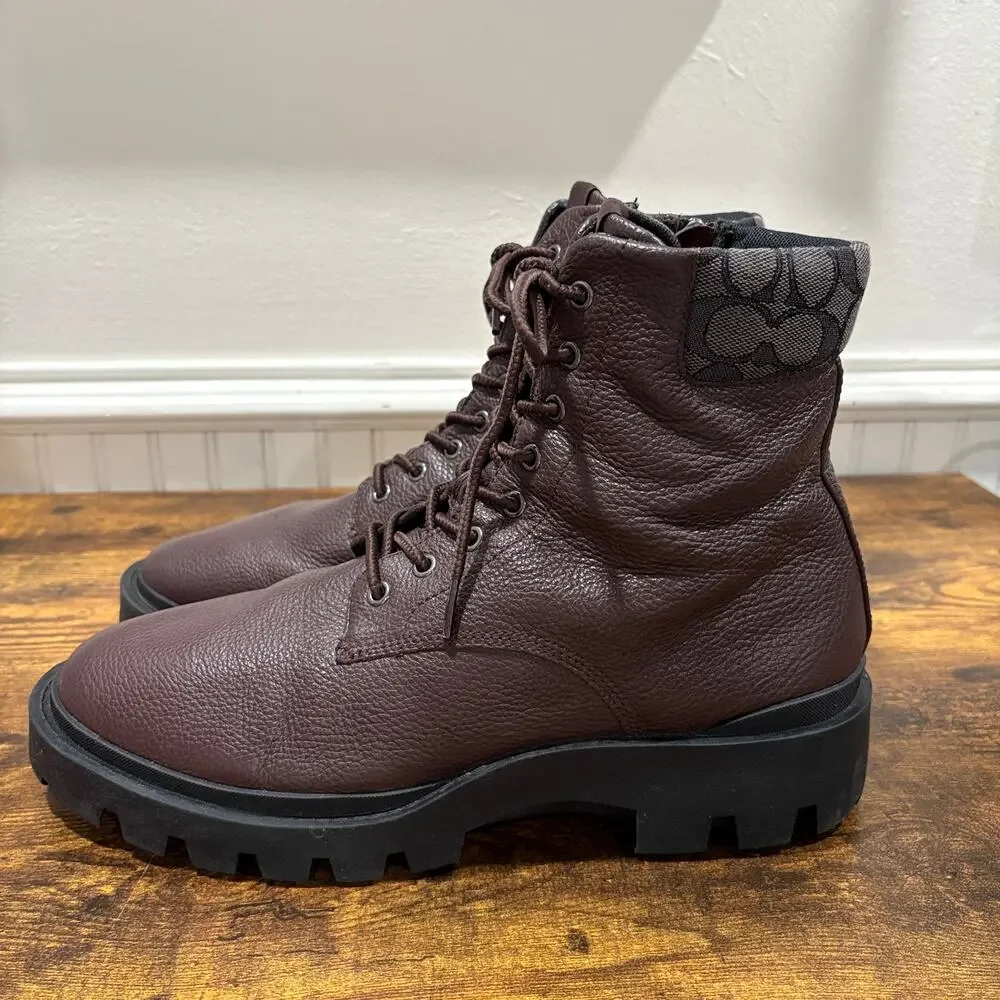 Coach Mens Size 11.5 Boots Citysole Monogram Signature Grained Leather Burgundy
